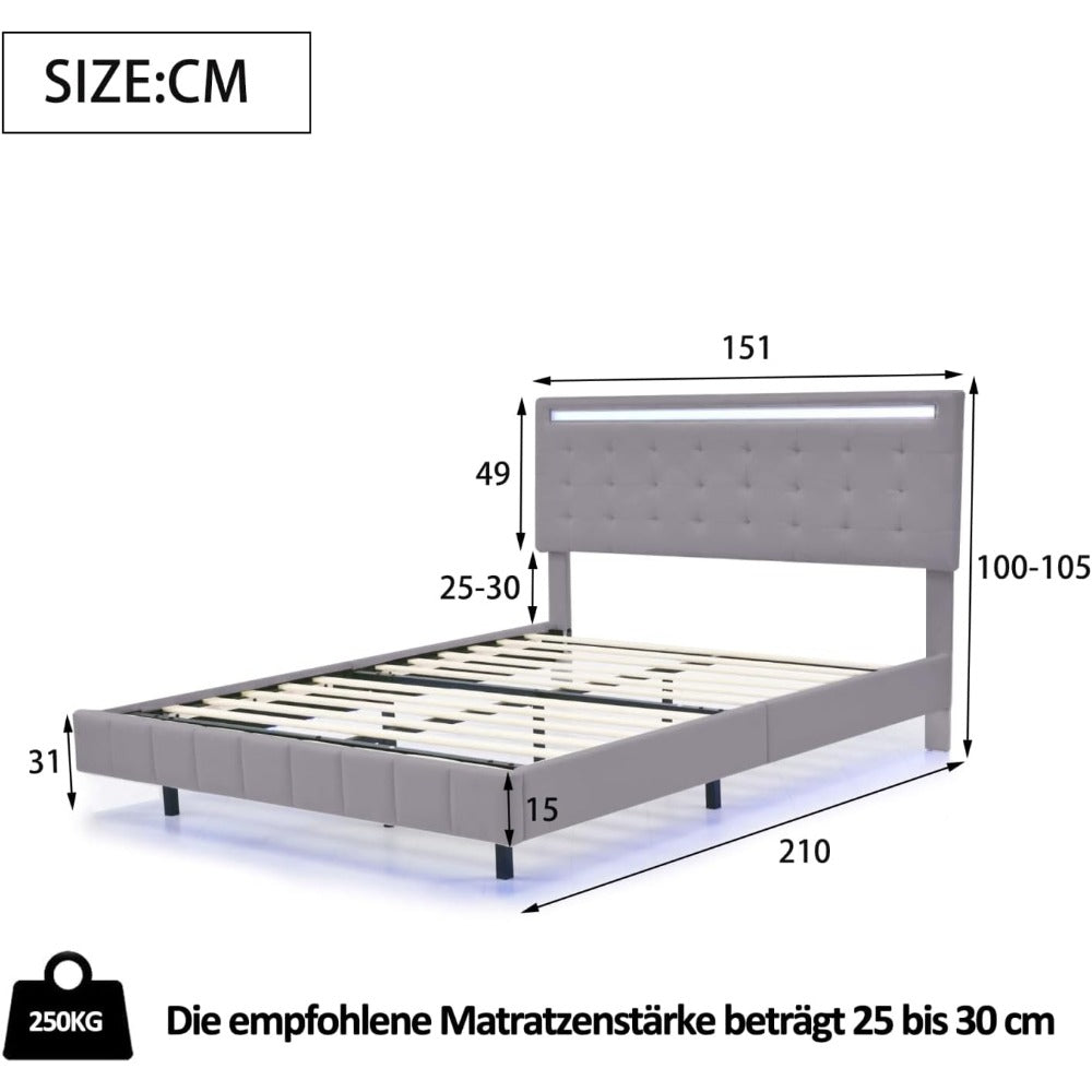 Bedframe – Gestoffeerd Bed – Tweepersoonsbed – Opbergbed – Led-bed – 140x200 cm – Linnen Bekleding – Usb Oplaadstations