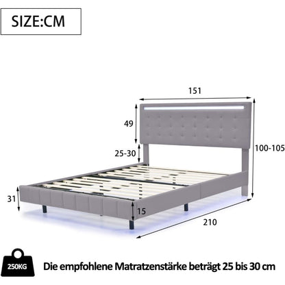 Bedframe – Gestoffeerd Bed – Tweepersoonsbed – Opbergbed – Led-bed – 140x200 cm – Linnen Bekleding – Usb Oplaadstations