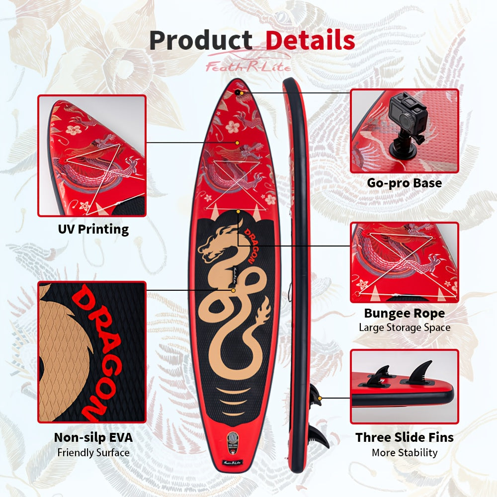 Paddleboard – SUP Board – Opblaasbaar Board – Stand Up Paddle – Watersportboard – Rood Draak Design – 350x84x15 cm – Duurzaam PVC