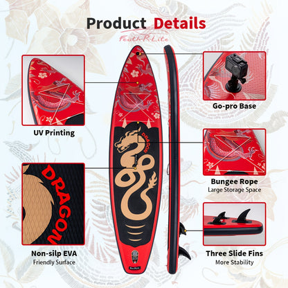 Paddleboard – SUP Board – Opblaasbaar Board – Stand Up Paddle – Watersportboard – Rood Draak Design – 350x84x15 cm – Duurzaam PVC