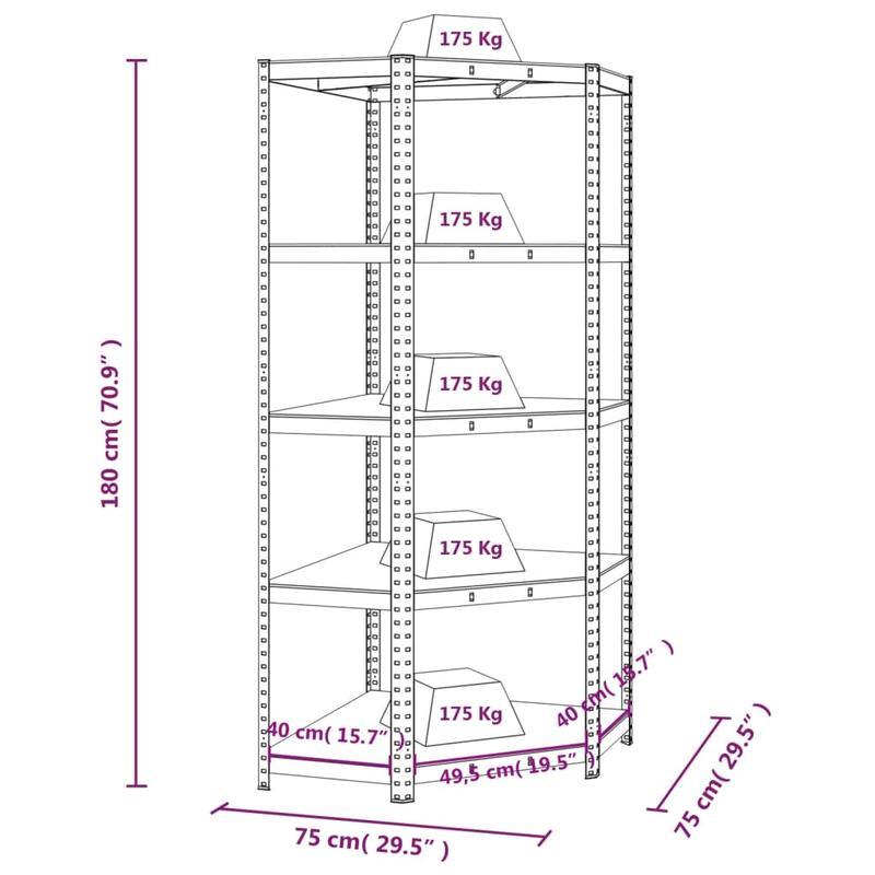 Hoekrek – Opbergrek – Hoekplank – Boekenkast – Opbergkast – 5-laags – Blauw Staal en Engineered Wood