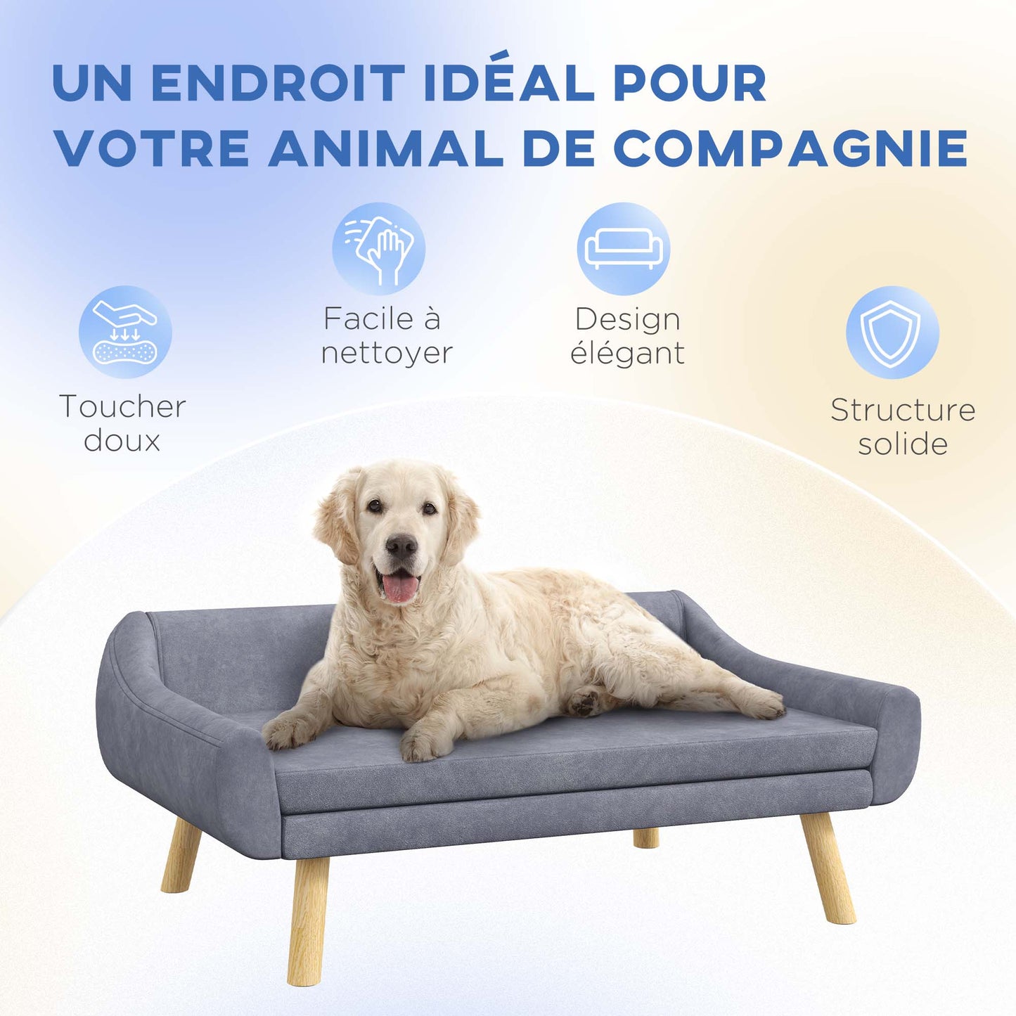 Huisdierbankje – Kattenbank – Hondenbed – Dierenbank – Slaapbank – Scandinavisch Design – Afneembaar Kussen – Velours Stof – Houten Poten – 102x58,5x42,5 cm – Grijs