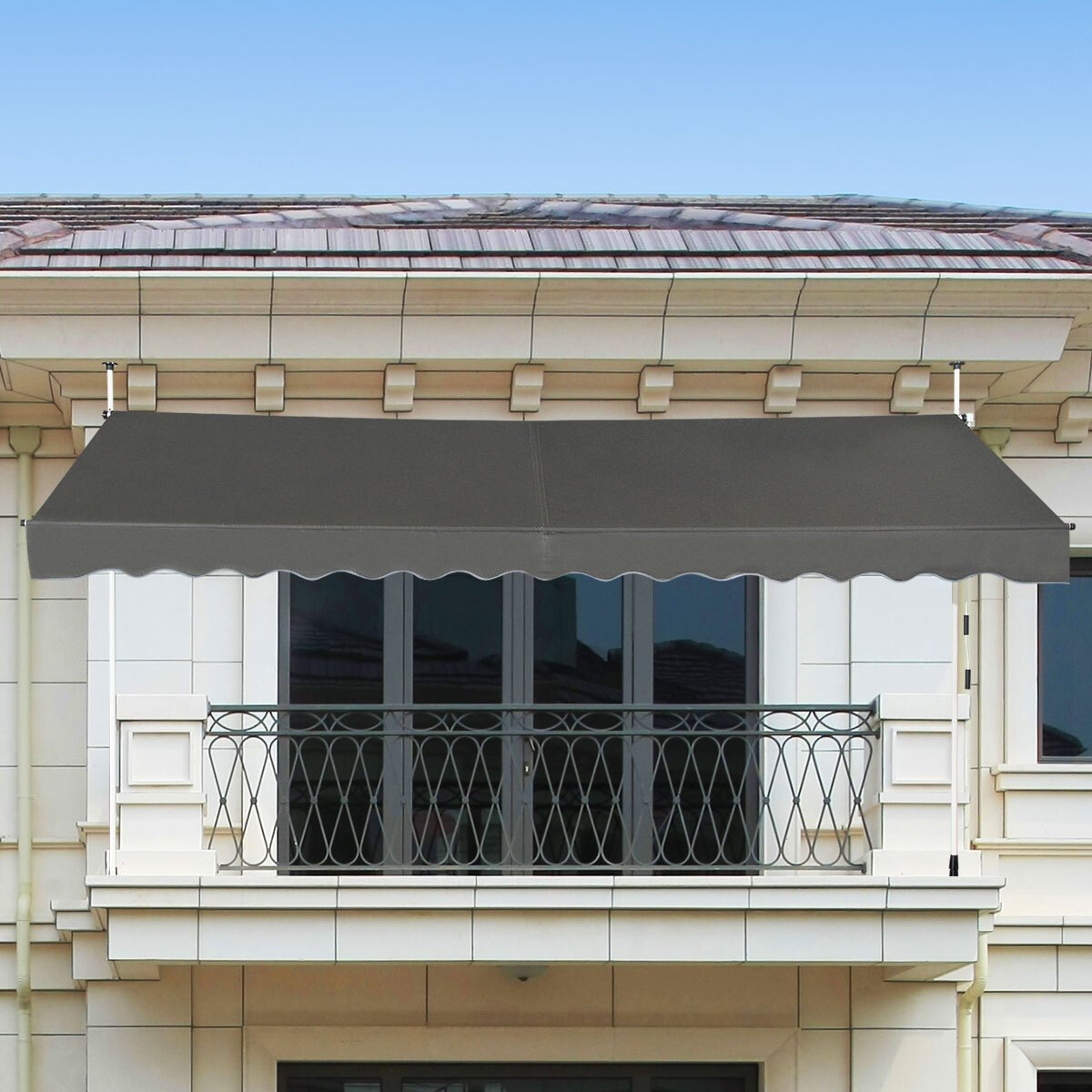 Knikarmzonwering – Balkonzonwering – Klemluifel – Zonnescherm – Uitschuifbaar – Aluminium Frame – Verstelbare Hoogte 400x120 cm – Grijs