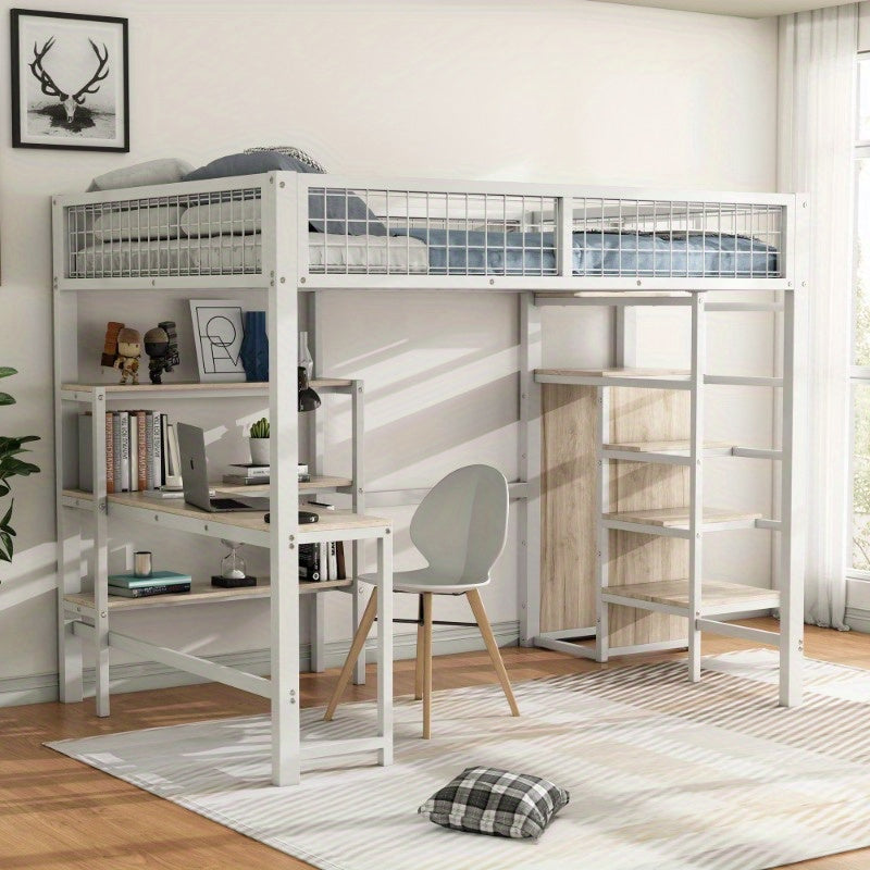 Metalen Halfhoogslaper – Hoogslaper Met Bureau – Bed Met Opbergruimte – Slaapbank – Kinderbed – Stevige Constructie – 140x200 cm