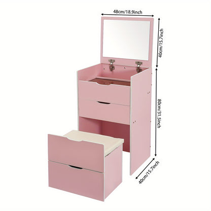 CNCEST Modern Compact Vanity Desk with Makeup Stool - 3-Drawer Storage, Flip-Top Mirror, Space-Saving Design, Sturdy Hardwood Construction, Cream White/Cream Pink/Log Finish for Small Spaces, Dorm, Apartment, Studio, Makeup V