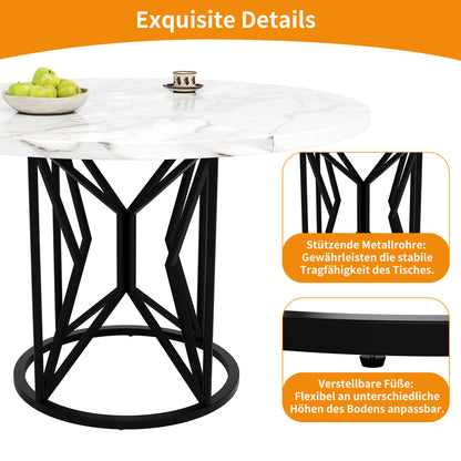Ronde Eettafel – Tafel – Keukentafel – Ronde Tafel – Eetkamertafel – Marmerlook MDF Tafelblad – Geometrisch Metalen Onderstel – Ø100 cm – Geschikt Voor 4-6 Personen – Verstelbare Voetjes – Zwarte Poten