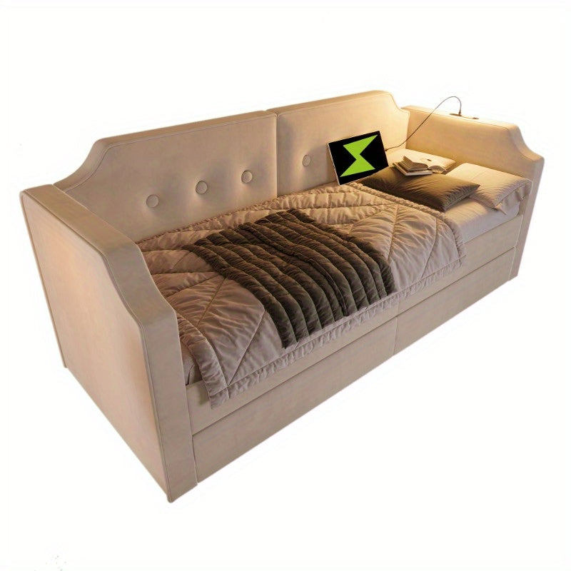 Bedbank – Slaapbank – Sofa Bed – Logeerbed – Zetelbed – 90x200 cm – Ingebouwde Leeslamp – 2 Opbergladen