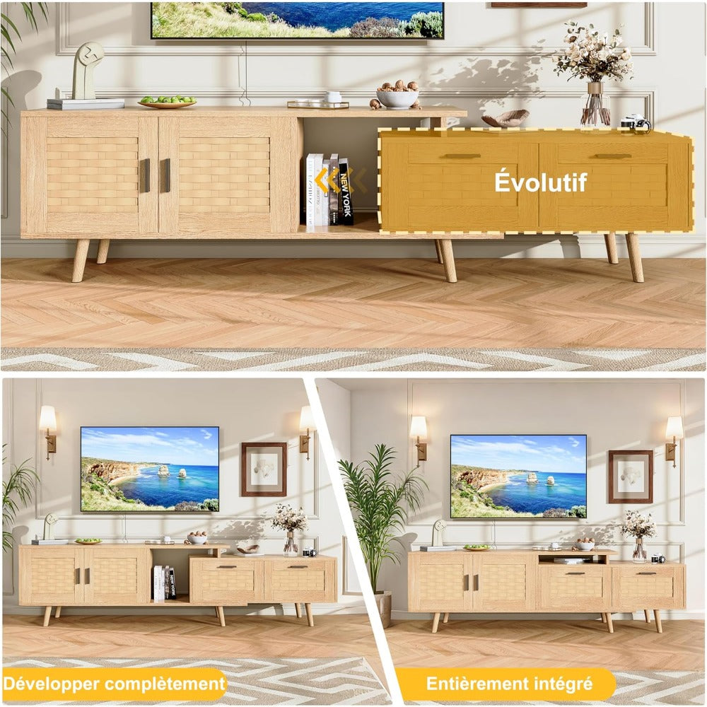 tv-meubel – tv-kast – dressoir – mediameubel – wandmeubel – Mid-Century Modern Design – Natuurlijke Rattan Accenten – 146x30x44 cm – MDF Hout