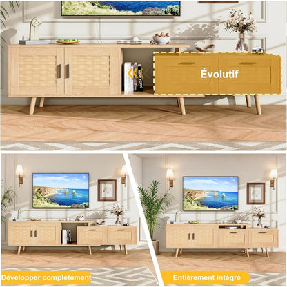tv-meubel – tv-kast – dressoir – mediameubel – wandmeubel – Mid-Century Modern Design – Natuurlijke Rattan Accenten – 146x30x44 cm – MDF Hout