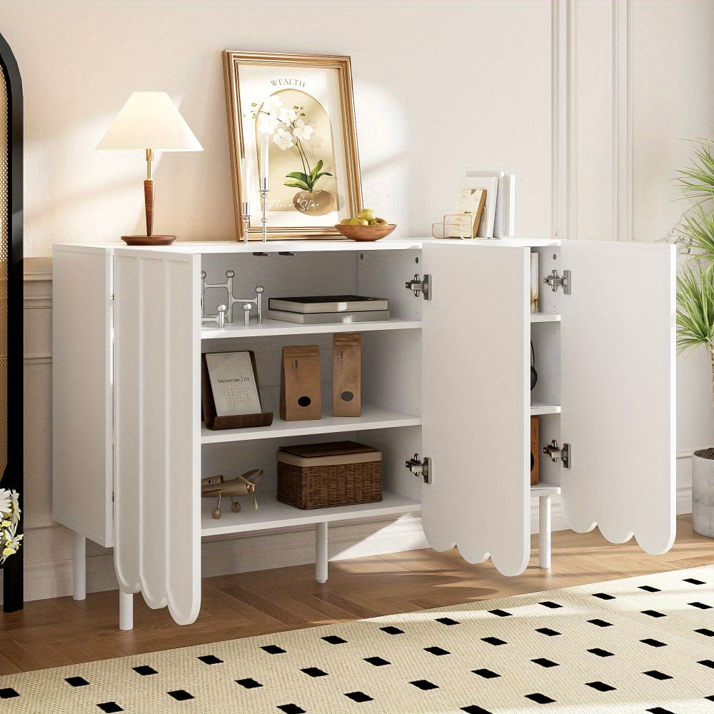Dressoir – Opbergkast – Ladekast – Buffetkast – Woonkast – Modern wit – Golvende deuren – 120x35x80 cm – Grepenloos design – Verstelbare planken