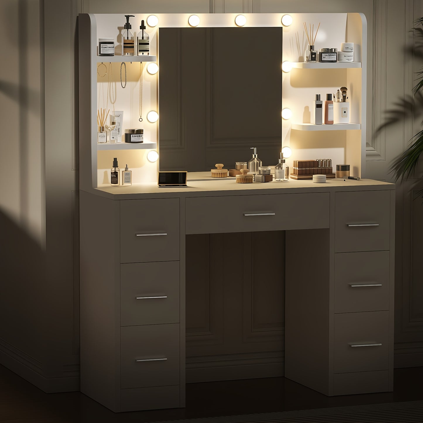 Make-up Tafel – Kaptafel – Schminktisch – Visagie Tafel – Vanity Desk – LED-Verlichting Met 10 Lampjes – Verstelbare Lichtintensiteit – Ruime Opbergruimte – Wit