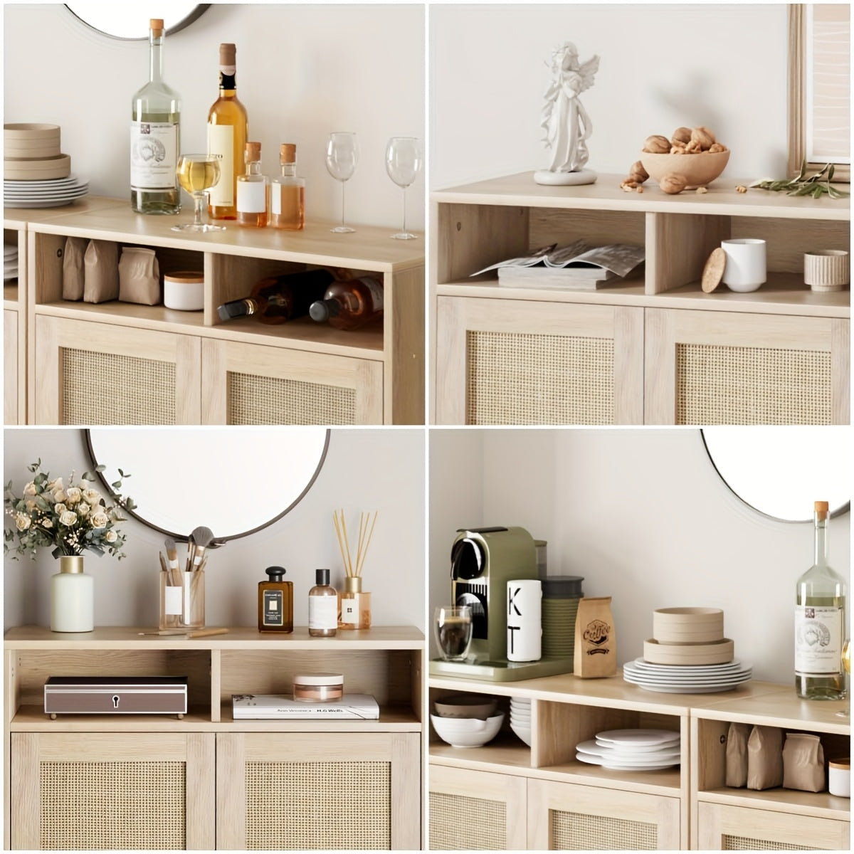 Dressoir – Sideboard – Buffetkast – Opbergkast – Keukenkast – Rotan Afwerking – 2 Deuren Met Open Plank – Stevig Houten Poten