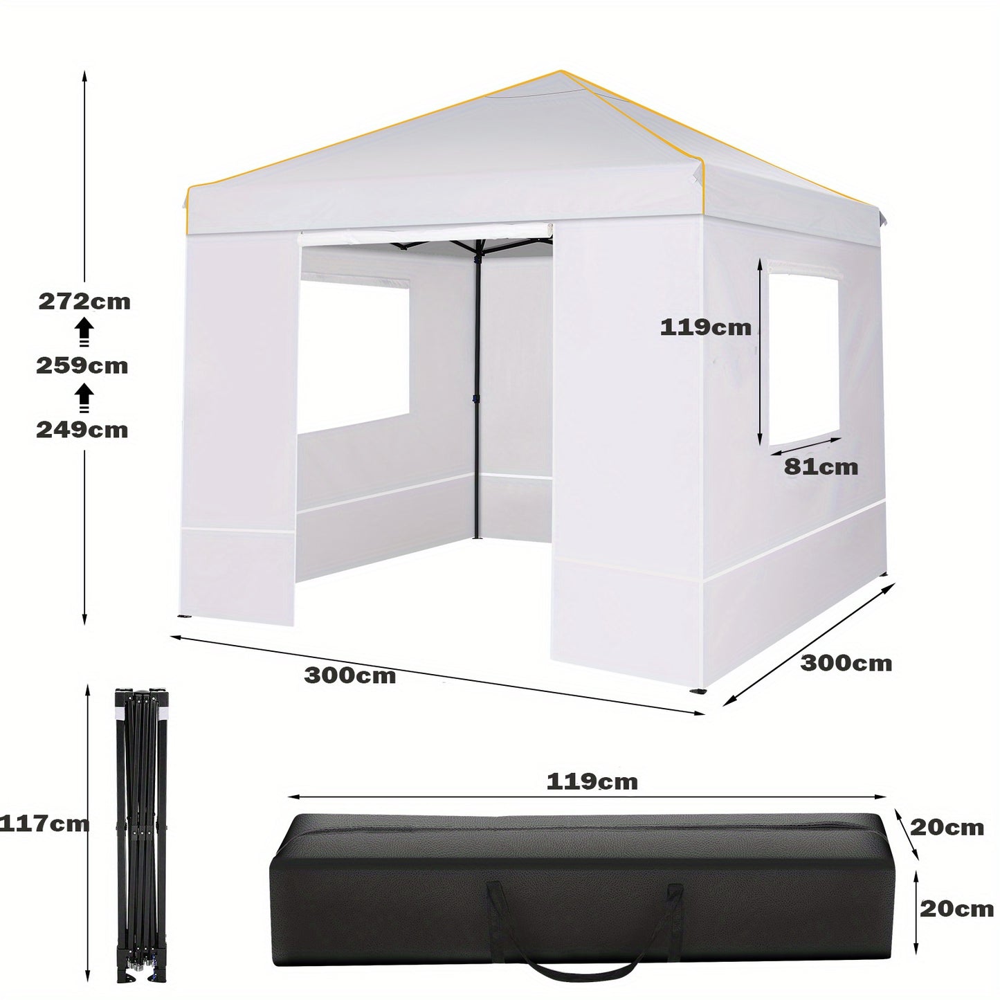 3.05x3.05meter Folding Outdoor Canopy, Professional with 4 Side Walls, Garden Tent Foldable, Stable, Quick to Set Up, Party Tent, Suitable for Outdoor Weddings, Camping, Commercial Activities, Outdoor Only
