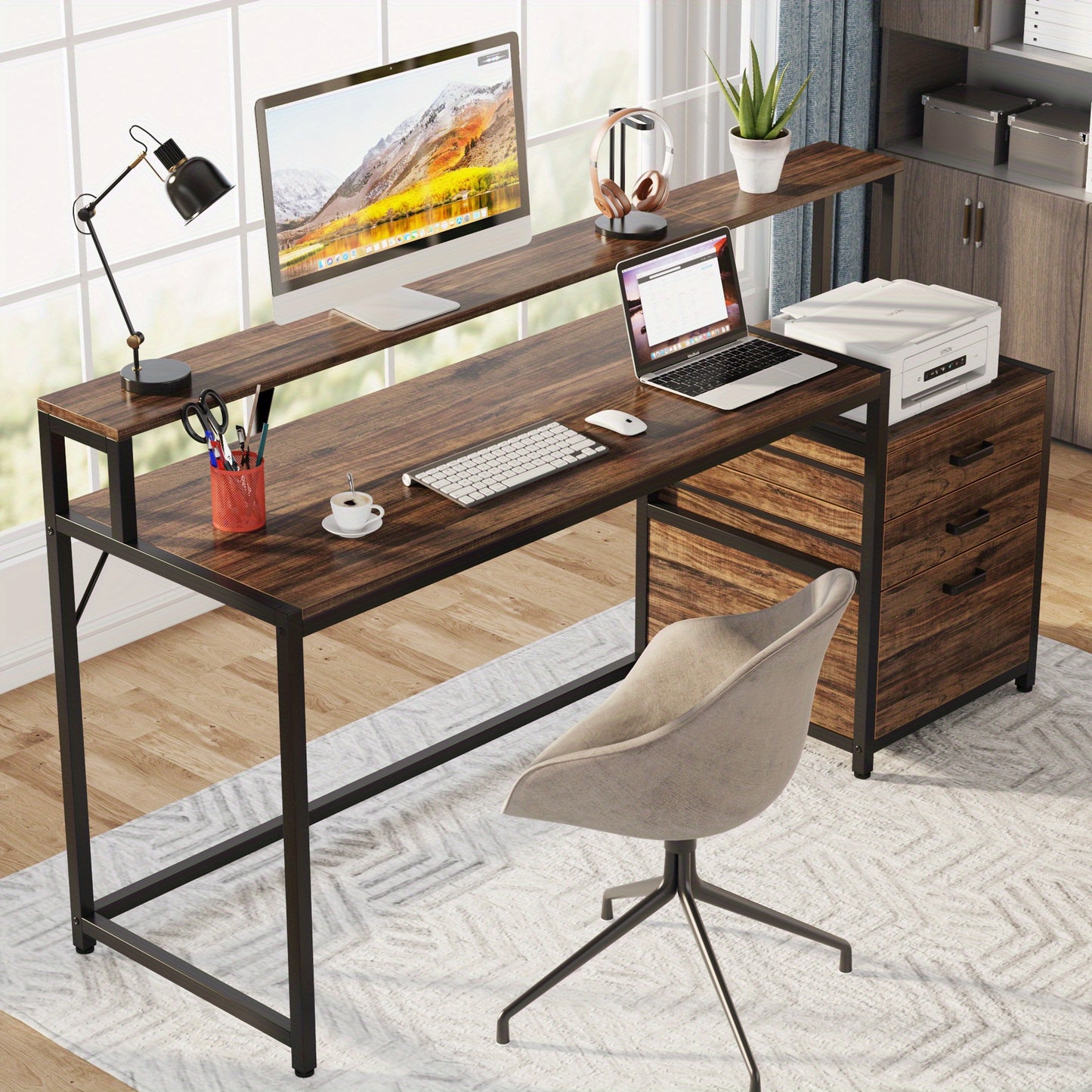 Industrieel Bureau – Computerbureau – Werkblad – Thuiswerkplek – Bureaumeubel – Vintage Bruin Zwart – Ergonomische Werkhoogte 68,58 cm – Stevig Metalen Frame & Opbergruimte 3,2 m³