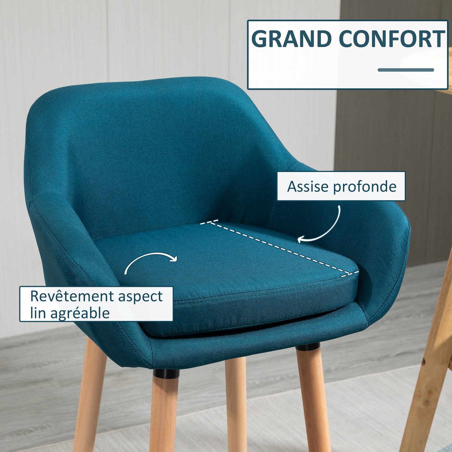 Barstoel – Barkruk – Barstoelen – Keukenstoel – Barkrukken set van 2 – Scandinavisch Design – Houten Poot – Blauw Linnen – Met Voetsteun en Armleuning – Anti-Slip Pads – Robuust Metalen Frame