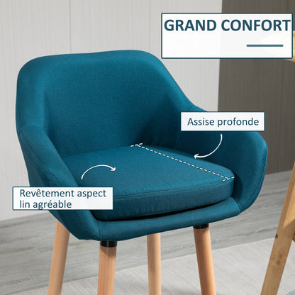 Barstoel – Barkruk – Barstoelen – Keukenstoel – Barkrukken set van 2 – Scandinavisch Design – Houten Poot – Blauw Linnen – Met Voetsteun en Armleuning – Anti-Slip Pads – Robuust Metalen Frame