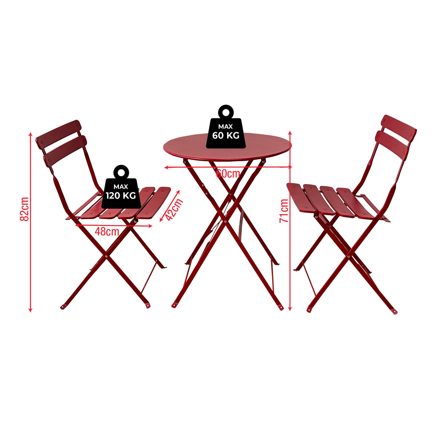 Rebecca Mobile Table And 2 Chairs, Folding Bistro Set, Red Blue Green White Black, Steel, Space-Saving, Suitable for Garden Balcony - Measures Hxlxp: 71 X 60 X 60 Cm