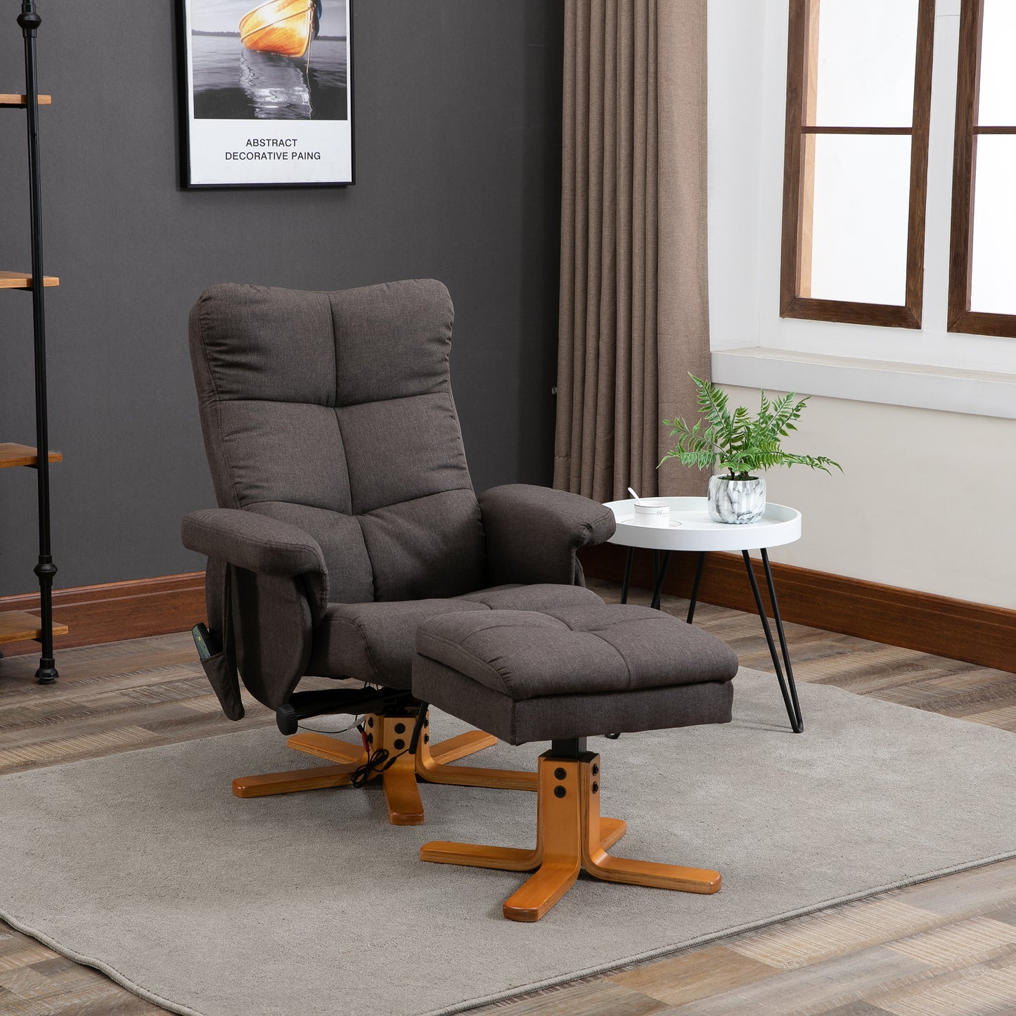 Relaxfauteuil – Draaifauteuil – Elektrische Stoel – Massagestoel – Ligfauteuil – Met Voetenbank – Massagefunctie en Opbergruimte – Robuust Houten Frame – Polyester Bekleding – Bruin