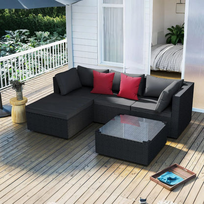 Tuinmeubelset – Balkonmeubels – Loungeset – Rotan Meubels – Buitenmeubels – 5-delig PVC Rattan – Met Kussens En Glazen Tafel – Zwart