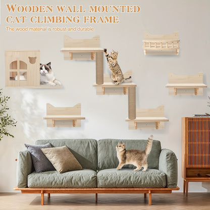 Krabpaal – Kattenboom – Krabmeubel – Kattenhuis – Klimmeubel – Muurbevestigd – Stevig Houten Design – Ruimtebesparend 9-delige Set – Draagt Tot 11,34 Kg