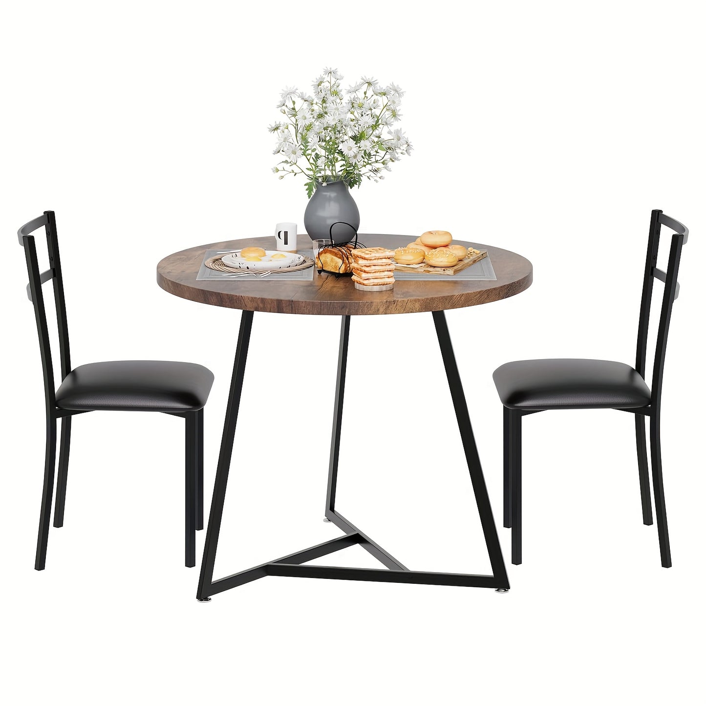 Ronde Eettafelset 2 Personen – Eettafel Rond – Tafel Met Stoelen – Compacte Eettafel – Kleine Eettafelset – Houtlook Tafelblad – Zwart Metalen Onderstel – Ruimtebesparend Ontwerp – Comfortabele Beklede Stoelen