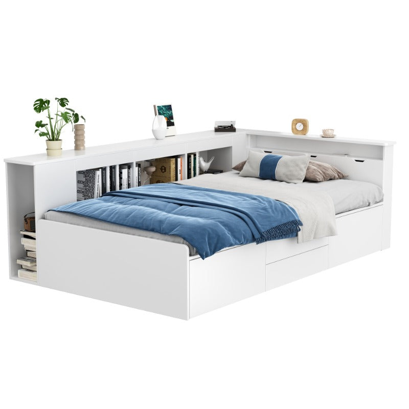 Bedframe – Eenpersoonsbed – Opbergbed – Slaapbank – Ledikant – Met Laden, Boekenplank en Kastje – Stevig Niet-Houten Materiaal, Eenvoudige Montage – Wit Modern Compact Design