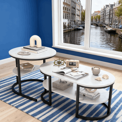 Ronde Salontafels – Bijzettafels – Snacktafels – Nesting Tafels – Zwart – Marmerlook – Compact Design – Stevig MDF Metalen Frame
