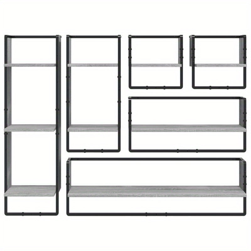 6pcs Wall Shelf Set with Rods, Treated Wood in Gray Sonoma Finish