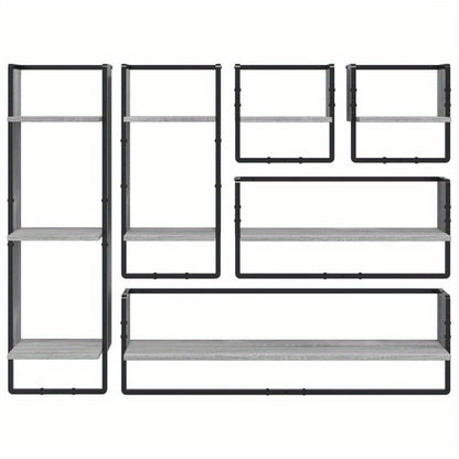 6pcs Wall Shelf Set with Rods, Treated Wood in Gray Sonoma Finish