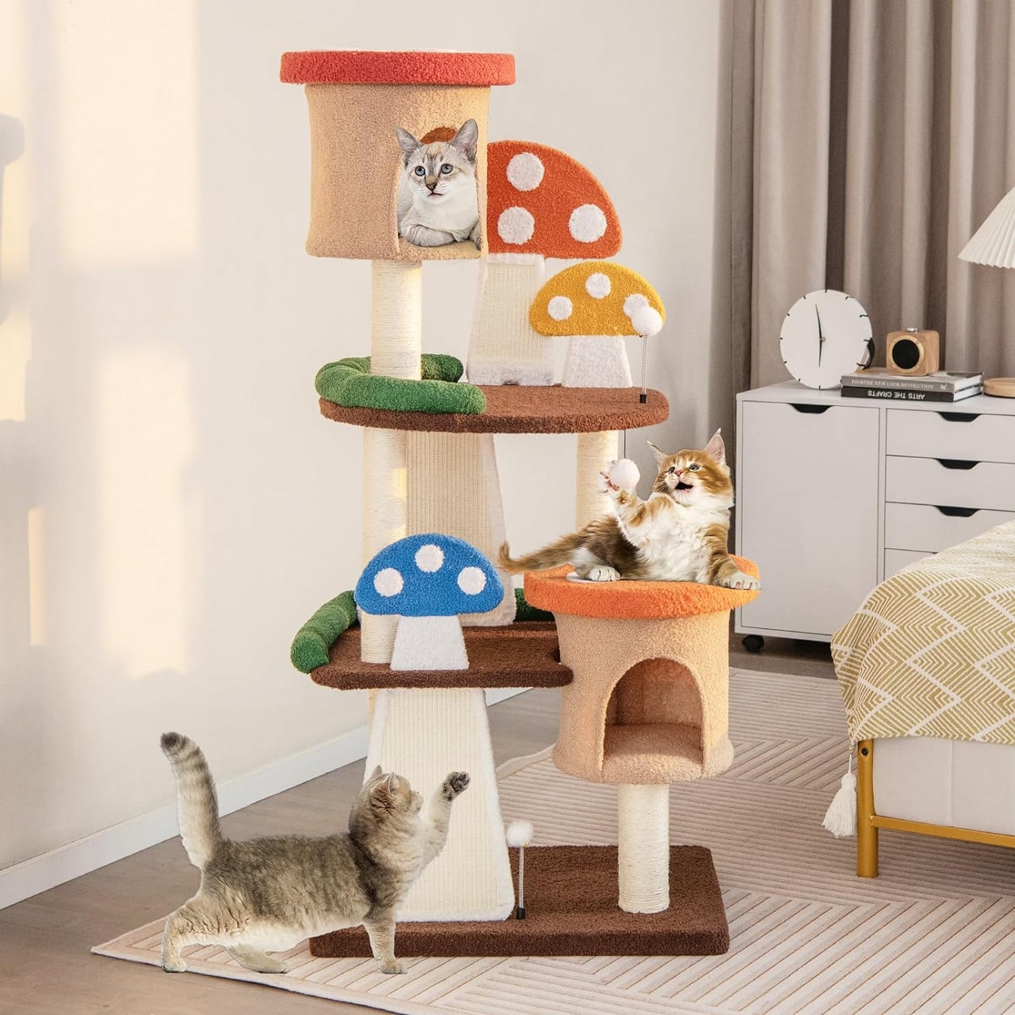 Krabpaal – Kattenboom – Kattenmeubel – Krabtoren – Krabhuis – 146 cm Hoogte – Sisal Krabpalen Met Interactieve Speeltjes