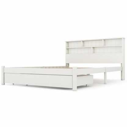 Beddenkasten – Bed Met Opbergruimte – Tweepersoonsbed – Ledikant – Slaapbank – Wit Modern Tweepersoonsbed 140x200 cm – Opberglades Onder Bed – Hoofdbord Met 6 Vakken