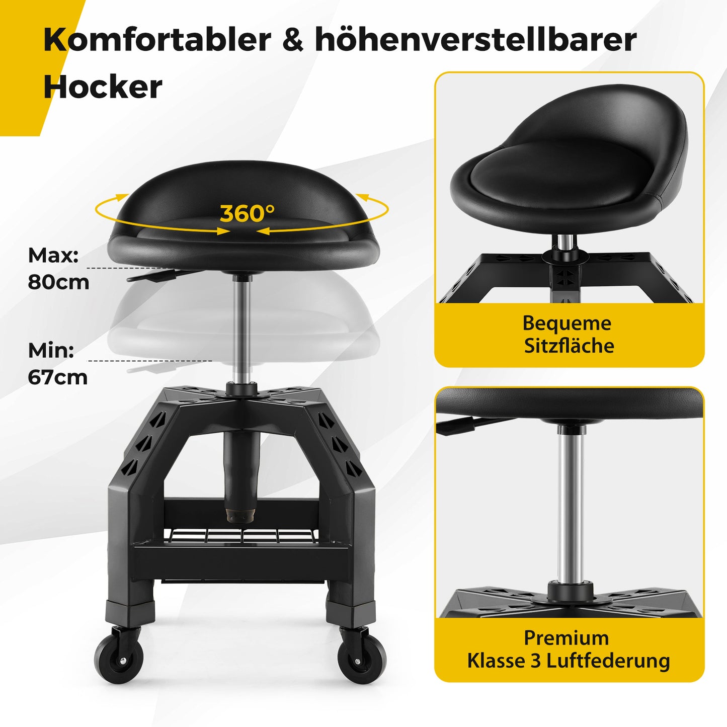 Werkkruk – Mechaniekkruk – Montagestoel – Swivel Kruk – Mobiele Kruk – Verstelbare Hoogte 57-70 cm – Met Wieltjes en Stevig Metalen Frame