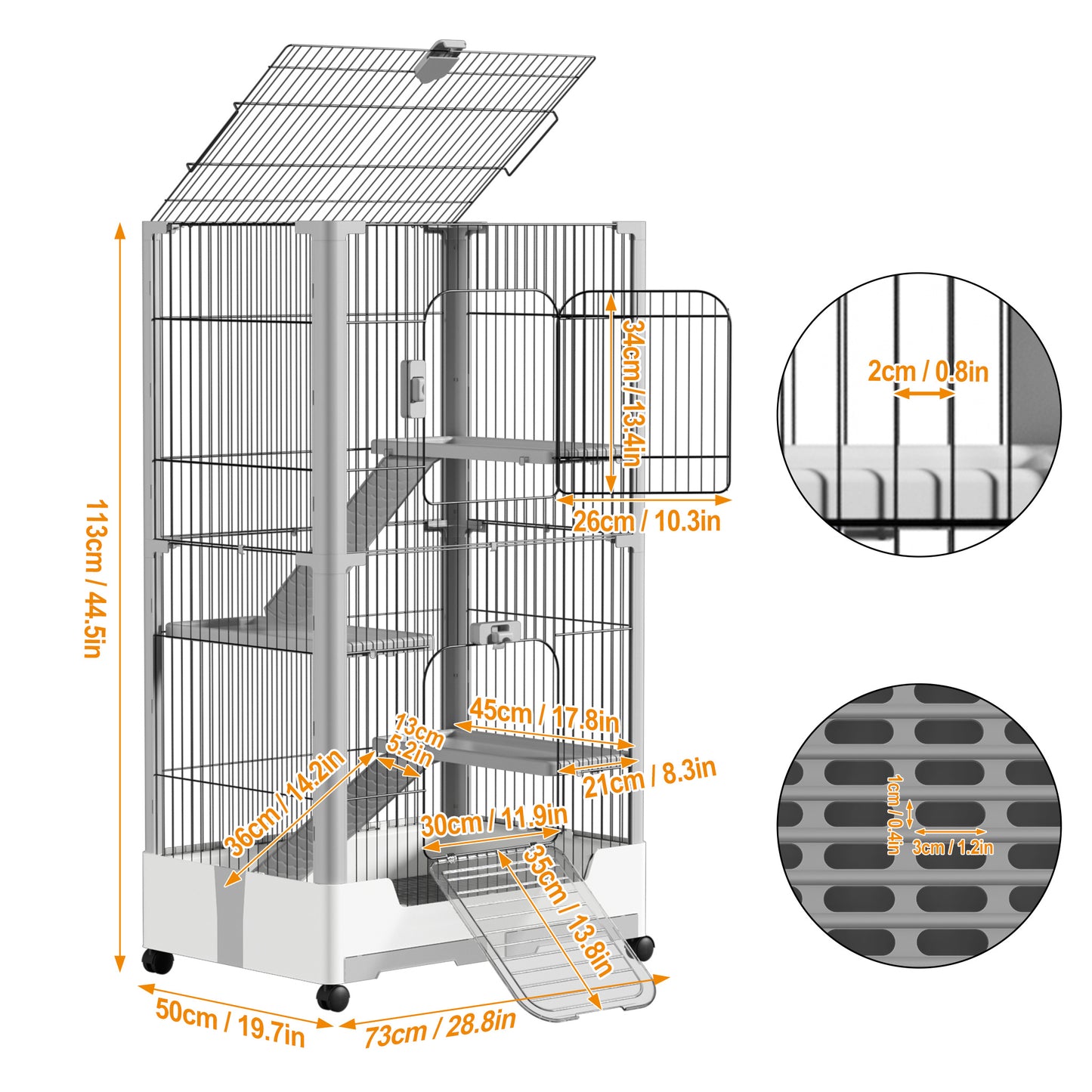 3-Tier Mobile Rabbit Hutch with Removable Ramp & Wheels - Durable Metal & Plastic Pet Cage for Rabbits, Guinea Pigs, Puppies - Spacious Multi-Level Design with Ventilated Mesh, Easy Assembly, White/Grey (73x50x68cm), Rabbit H