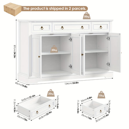 Kast Ladenkast – Dressoir Opbergkast Sideboard Commode – Wit Hout – 2-Deurs 4-Laden – Verstelbare Planken – Stevige Houten Constructie