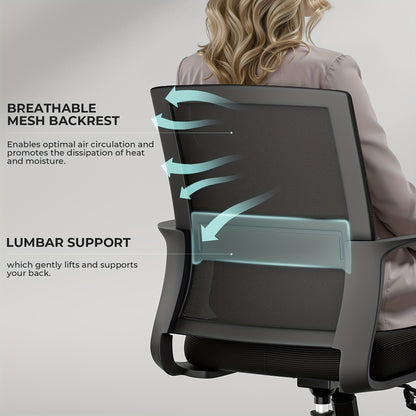 Bureaustoel – Ergonomische Stoel – Office Chair – Computerstoel – Kantoorstoel – Memory Foam Zitting – Verstelbare Lendensteun – 360° Draaibaar – Mesh Rugleuning – Metalen Frame – Zwart