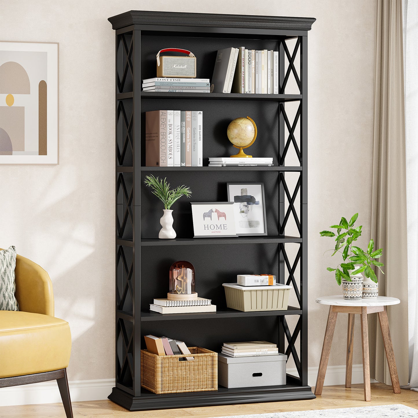 Boekenkast – Boekenplank – Vakkenkast – Opbergkast – Stellingkast – Zwart – 5 Laags – Massief Hout Met Metaal – Open Achterkant – Stevig & Compact