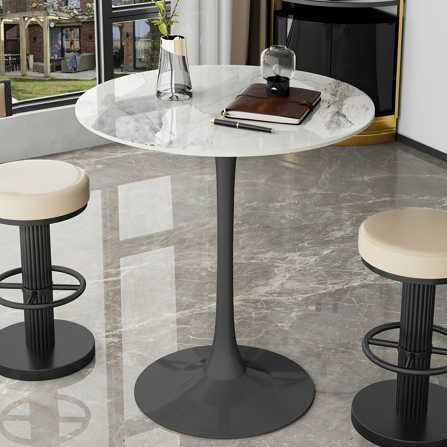 bistrotafel – bartafel – hoge tafel – rond tafel – koffietafel – ronde bartafel 100 cm hoog – marmeren tafelblad – stevige metalen voet zwart
