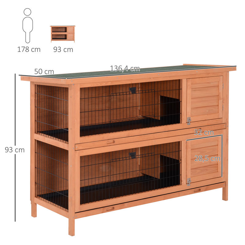 Double-Story Small Animal Hutch with Ramp & Removable Ramp Door - Sturdy Fir Wood Guinea Pig Cage, Rabbit House with Lower Storage Shelf, Spacious Two-Level Design, Easy-Clean Sliding Tray & Ventilation Mesh - 53.5"x19.7"x36.