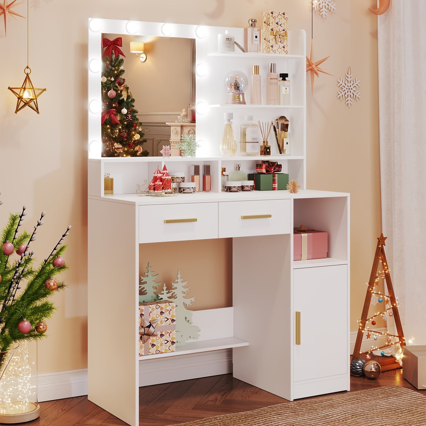 Make-up Tafel – Dressing Table – Kaptafel – Schminktisch – Vanity Table – Witte Make-up Tafel – 10 LED Lampjes Met Verstelbare Helderheid – 2 Lades, Kastje En Opbergruimte