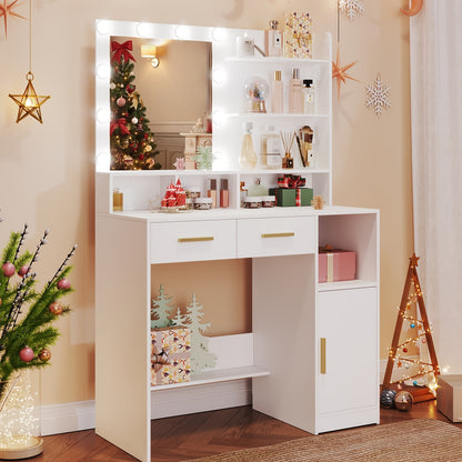 Make-up Tafel – Dressing Table – Kaptafel – Schminktisch – Vanity Table – Witte Make-up Tafel – 10 LED Lampjes Met Verstelbare Helderheid – 2 Lades, Kastje En Opbergruimte