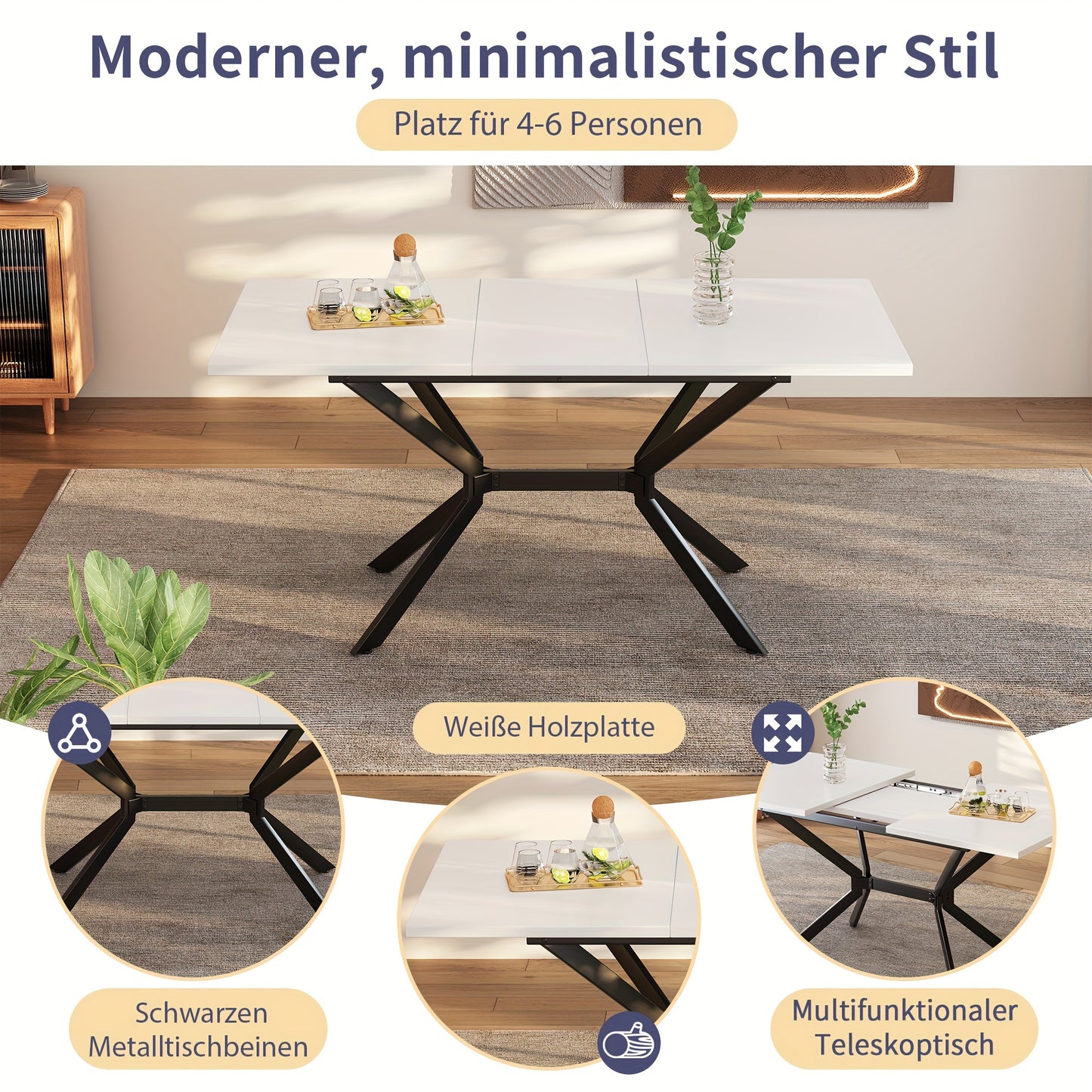 Uitklapbare Eettafel – Uitschuifbare Tafel – Verlengbare Eettafel – Klaptafel – Keukentafel – Mat Wit MDF – Zwarte Metalen Poten – 120-160x80 cm – Geschikt Voor 4-6 Personen