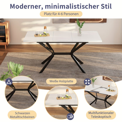 Uitklapbare Eettafel – Uitschuifbare Tafel – Verlengbare Eettafel – Klaptafel – Keukentafel – Mat Wit MDF – Zwarte Metalen Poten – 120-160x80 cm – Geschikt Voor 4-6 Personen