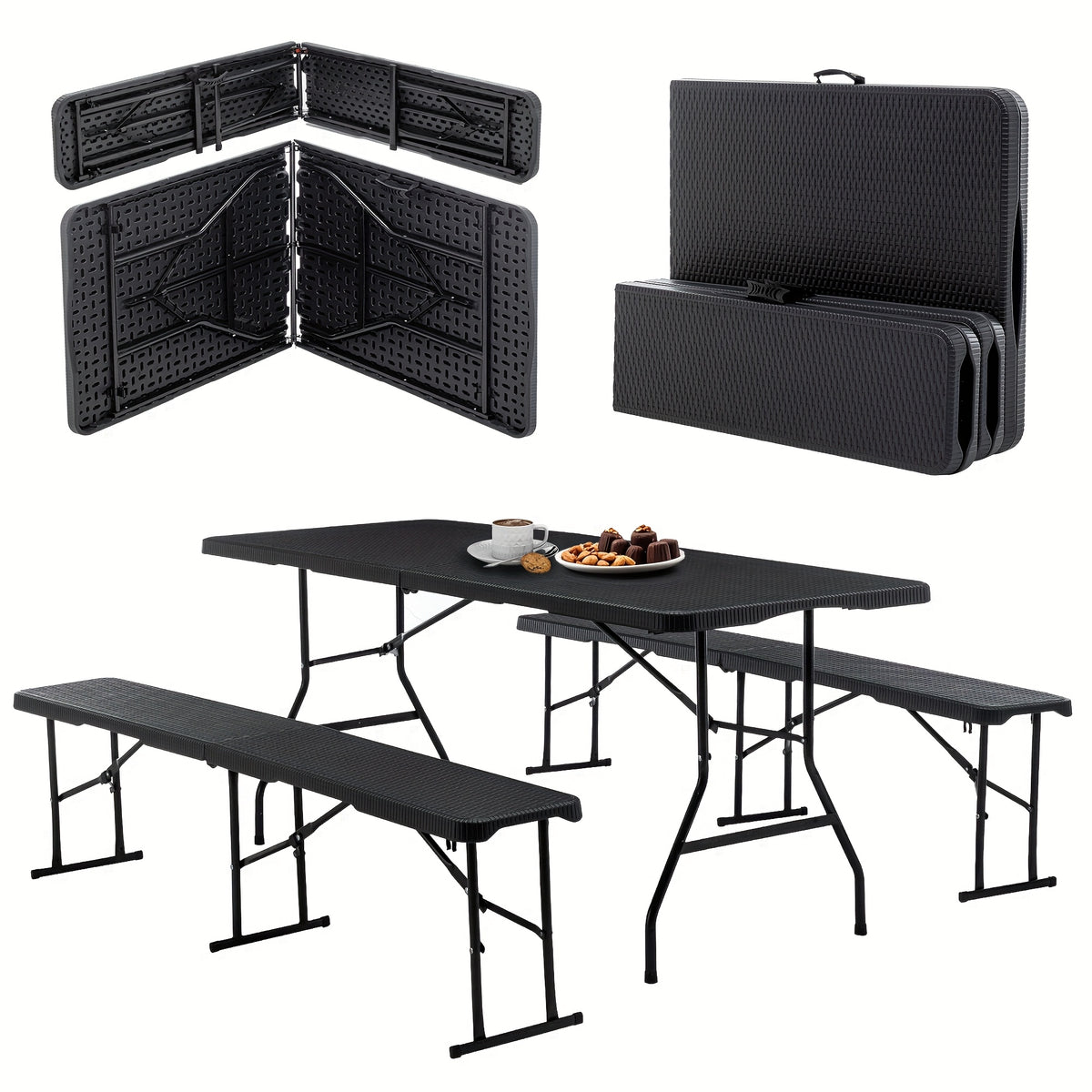 Bierbank – Biertafel – Tuinbank – Biertafelset – Picknicktafel – Inklapbaar – Kunststof Rattan Look – 180x70 cm – Wind- en Regenbestendig – 8 Personen