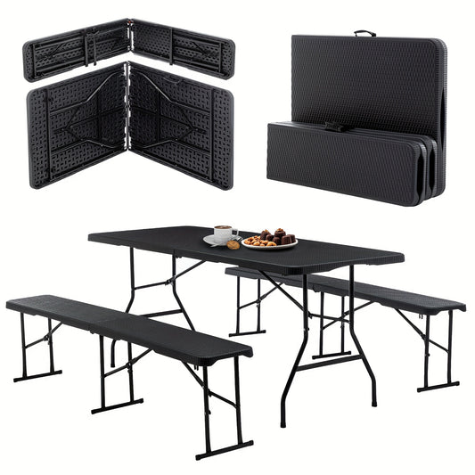 Bierbank – Biertafel – Tuinbank – Biertafelset – Picknicktafel – Inklapbaar – Kunststof Rattan Look – 180x70 cm – Wind- en Regenbestendig – 8 Personen