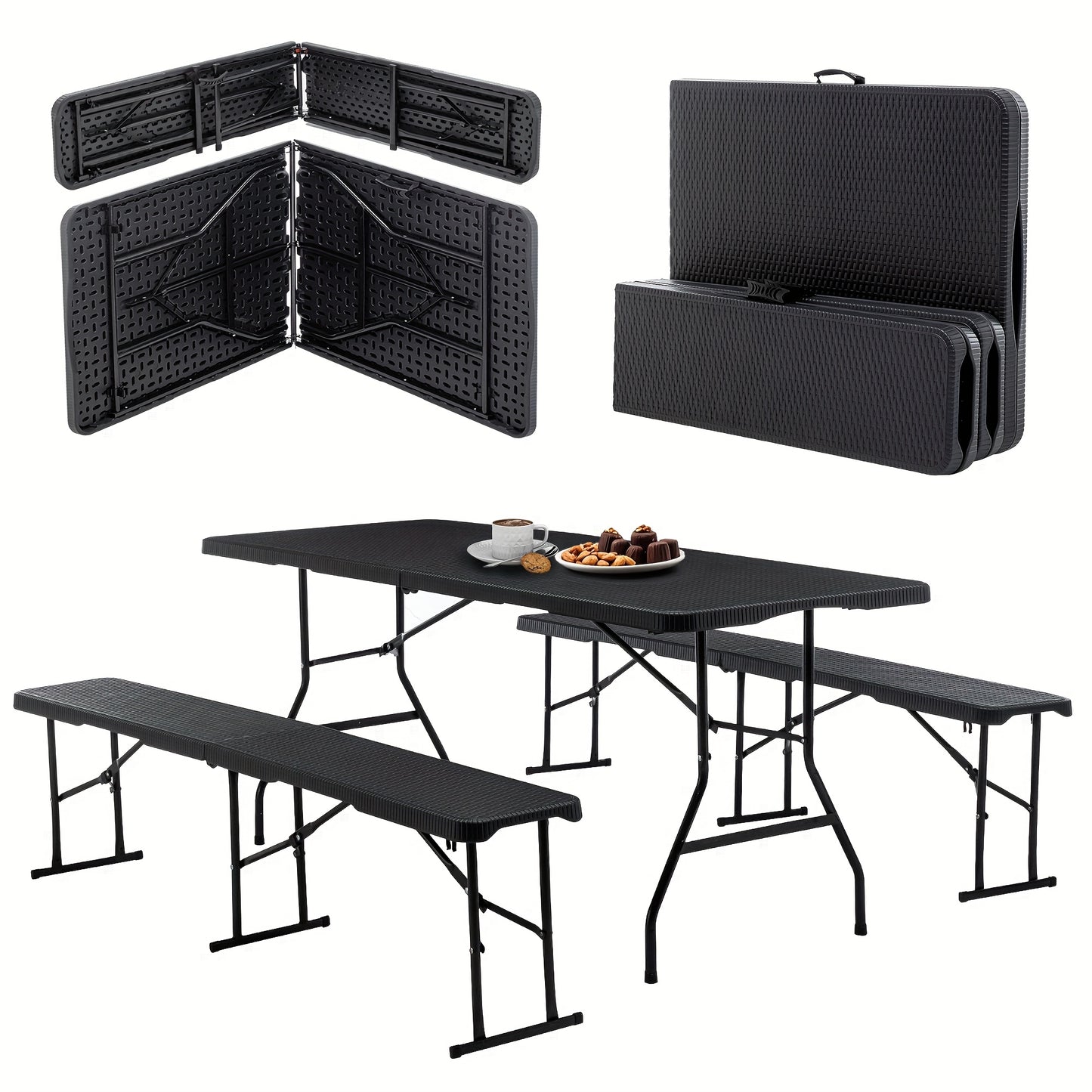 Opvouwbare Tuinset – Buffettafel – Bierbank – Campingtafel – Picknicktafel – Ruimte voor 8 Personen – Weerbestendig Kunststof Met Stalen Frame