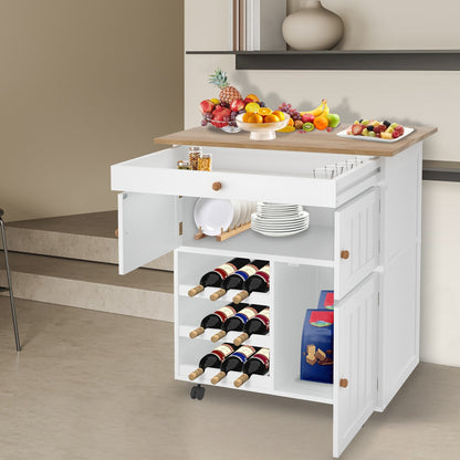 Versatile White Kitchen Island Cart with Wheels - 68.58cm x 39.12cm x 85.09cm | Spacious Storage & Worktop, Wine Rack Included
