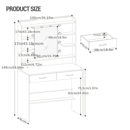 Make-up Tafel – Visagie Tafel – Kaptafel – Dressoir – Dressing Table – Wit – Met Spiegel en Ruime Opbergruimte – 40 x 100 x 149 cm
