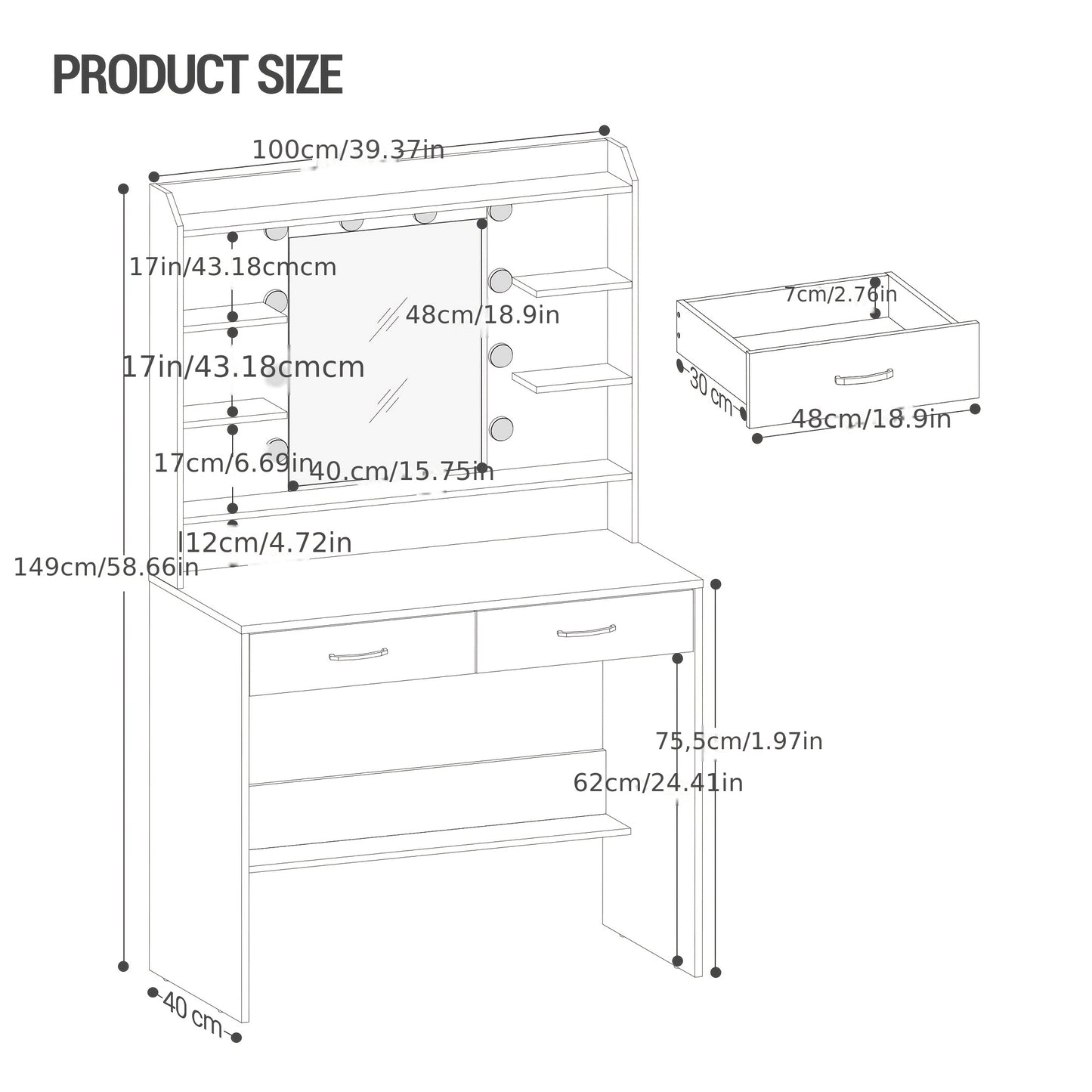 Dressing Table With Mirror, Dressing Table With Shelves And 2 Drawers, For Bedroom, Living Room, 40 X 100 X 149 Cm, White