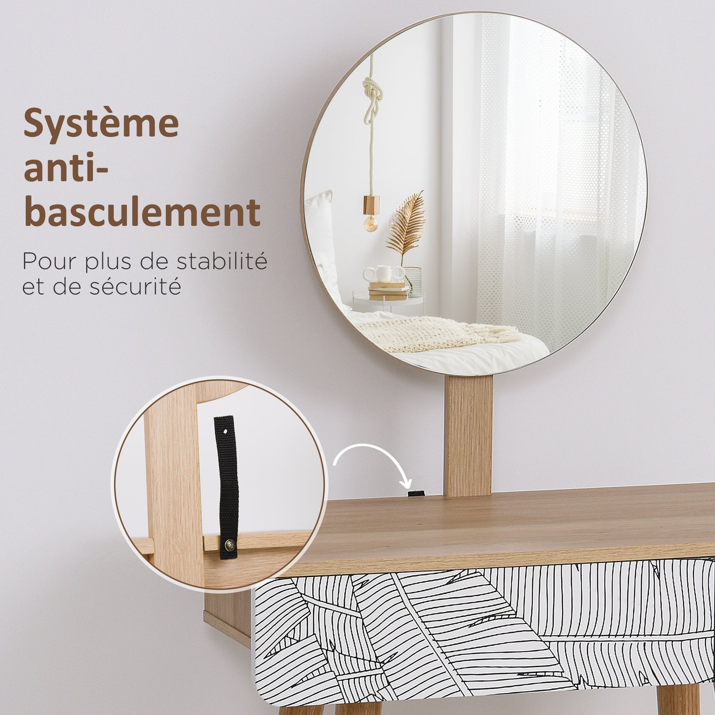 Kaptafel – Make-uptafel – Dressing Table – Make-up Tafel – Cosmetica Kast – Scandinavisch Design – Grote Spiegel Ø 39 cm – Verstelbare Hoogte 119-128 cm