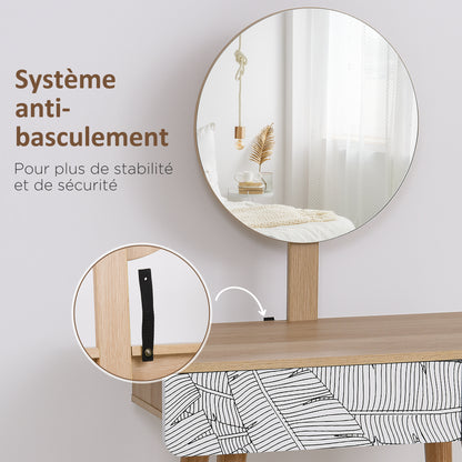 Kaptafel – Make-uptafel – Dressing Table – Make-up Tafel – Cosmetica Kast – Scandinavisch Design – Grote Spiegel Ø 39 cm – Verstelbare Hoogte 119-128 cm